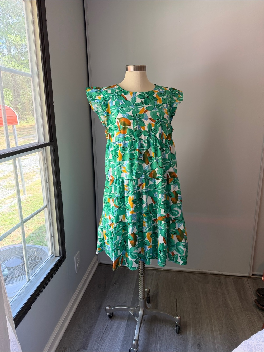 Tropical Green & White Floral Tiered Sundress with Yellow Accents large